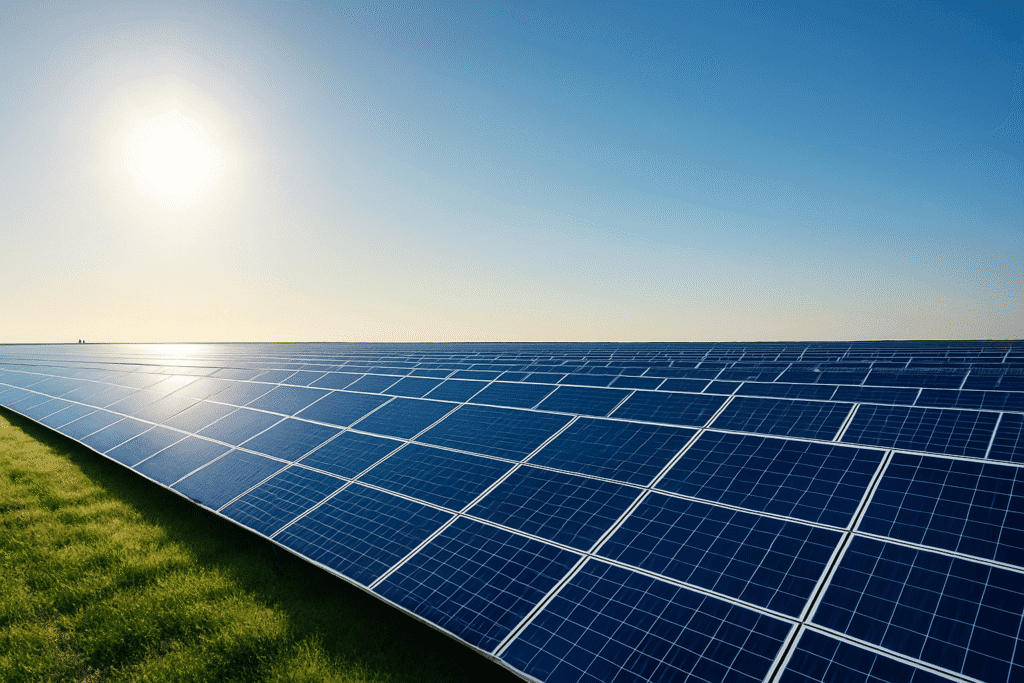High-resolution sunrise view of a large solar farm with rows of blue photovoltaic panels reflecting the morning light against a clear sky.