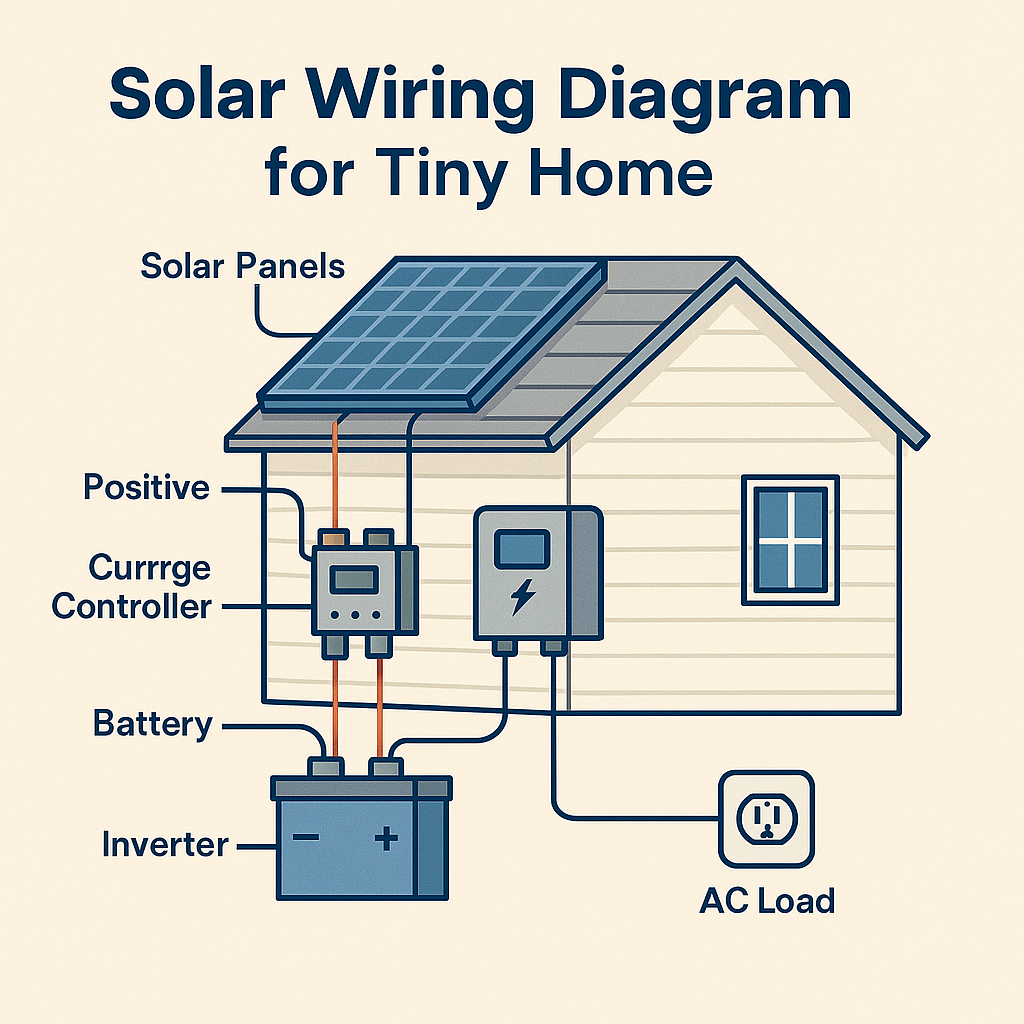 Illustrated wiring diagram of a tiny-home solar setup showing panels, charge controller, LiFePO₄ battery, inverter, and AC load.